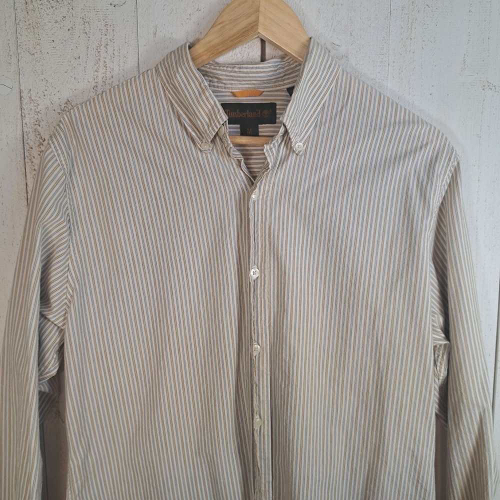 Vintage Timberland Y2K Prep Retro Men's M Beige/White Pinstriped Button-Down - Picture 2 of 10